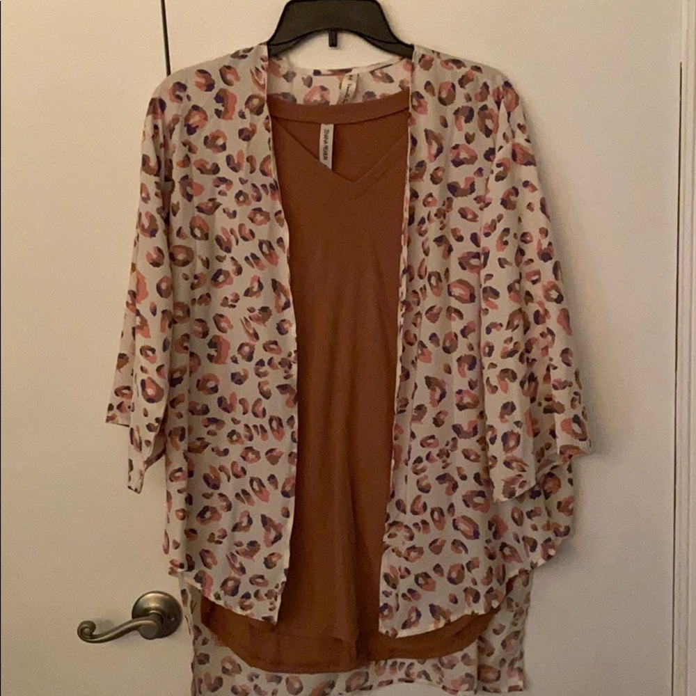 Womens cheetah print cardigan, and tan undershirt